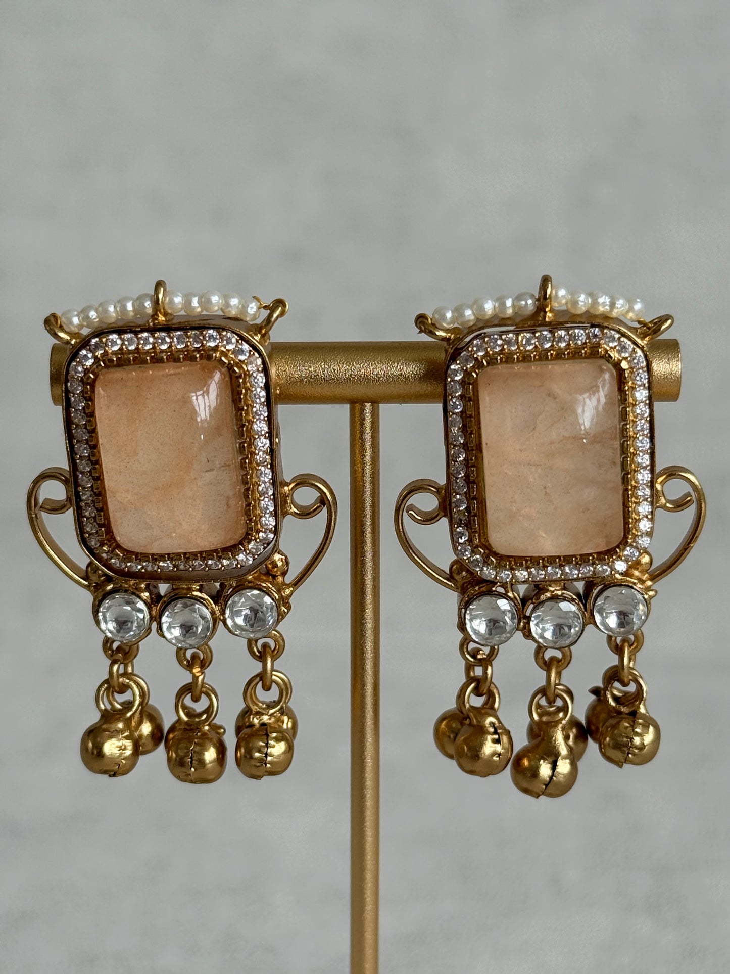 Ayura Designs Aleena Earrings – Champagne Stone Stud Earrings with Pearls & Ghungroo Detailing