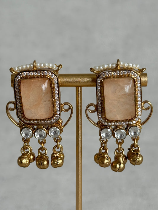 Ayura Designs Aleena Earrings – Champagne Stone Stud Earrings with Pearls & Ghungroo Detailing