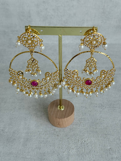 Ayura Designs Arshi Chandbalis – Gold Jadau Ruby Pink & Ivory Pearl Detailing