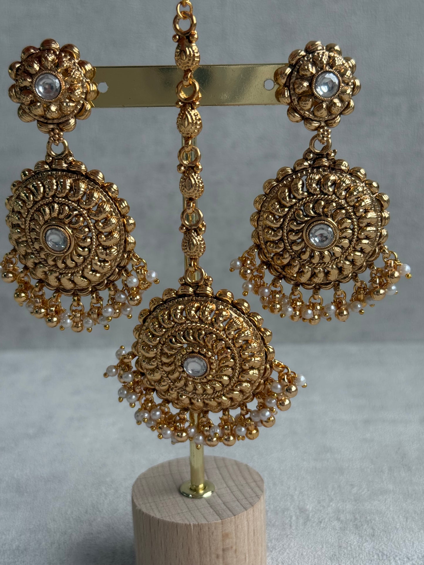 Ayura Designs Rummy Set – Statement Necklace, Earrings & Tikka with Ivory Pearls and Polished Gold Finish