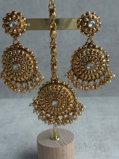 Ayura Designs Rummy Set – Statement Necklace, Earrings & Tikka with Ivory Pearls and Polished Gold Finish