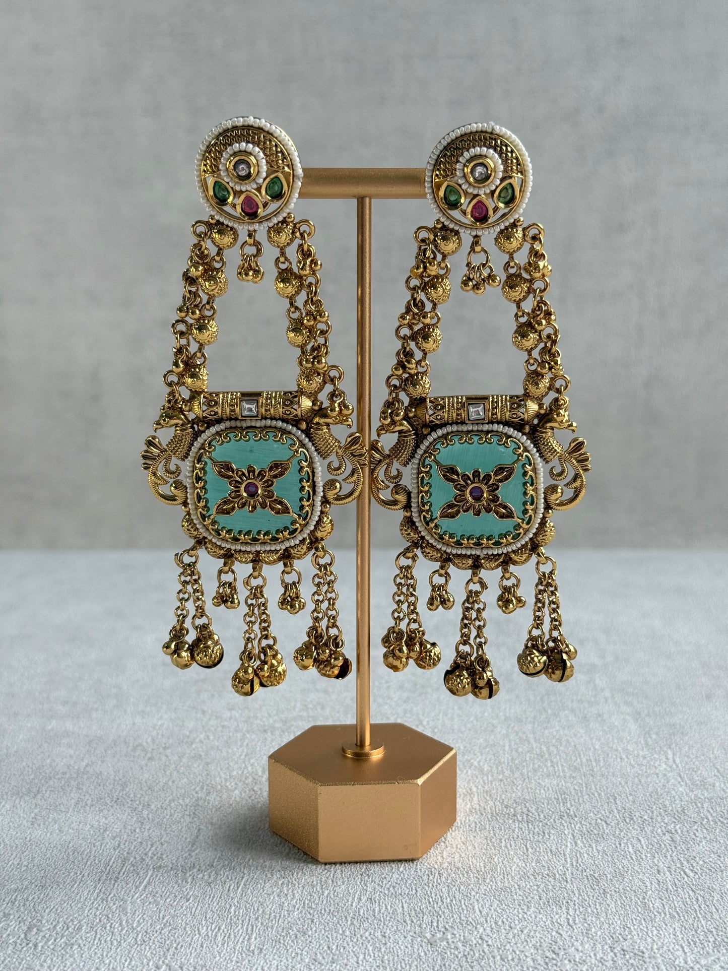Ayura Designs Hazar Earrings – Gold Peacock Design with Mint Green Enamel, Multicoloured Stones, Pearl Beading & Ghungroo Detailing