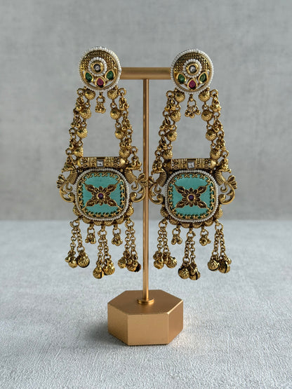 Ayura Designs Hazar Earrings – Gold Peacock Design with Mint Green Enamel, Multicoloured Stones, Pearl Beading & Ghungroo Detailing