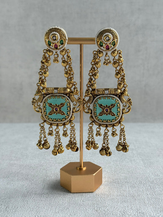Ayura Designs Hazar Earrings – Gold Peacock Design with Mint Green Enamel, Multicoloured Stones, Pearl Beading & Ghungroo Detailing