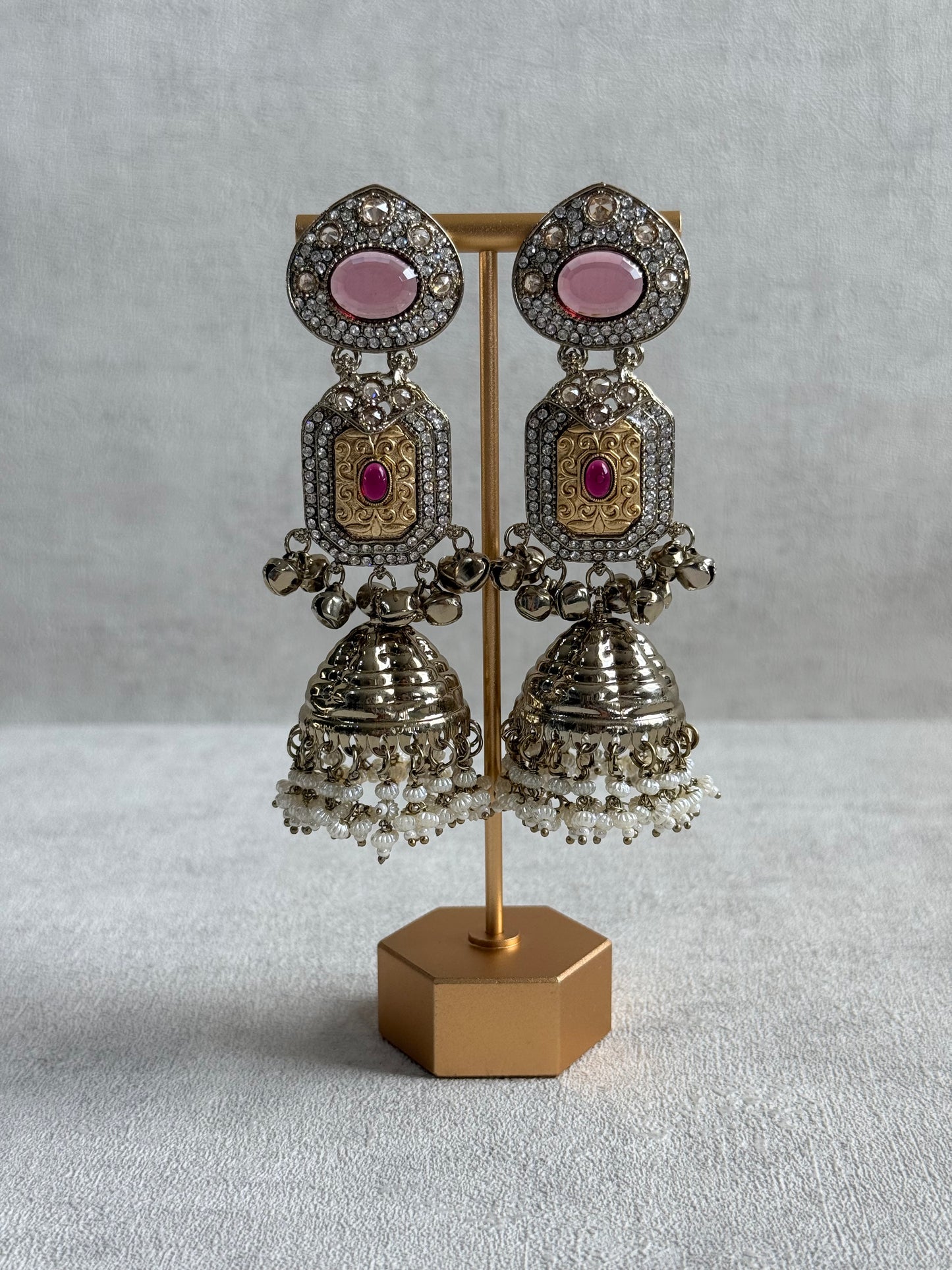 Ayura Designs Maara Jhumkis – Champagne Gold with Rose Pink & Rani Pink Stones, Crystals, Ghungroos & Pearl Detailing