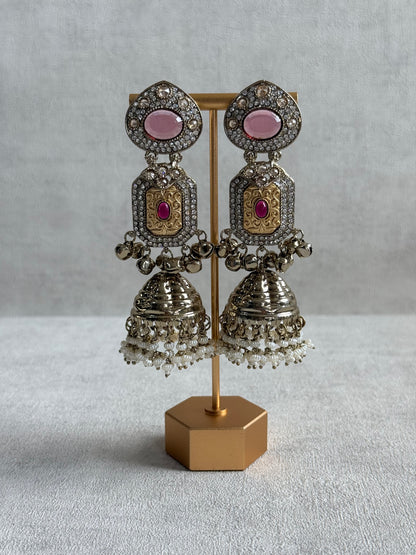 Ayura Designs Maara Jhumkis – Champagne Gold with Rose Pink & Rani Pink Stones, Crystals, Ghungroos & Pearl Detailing