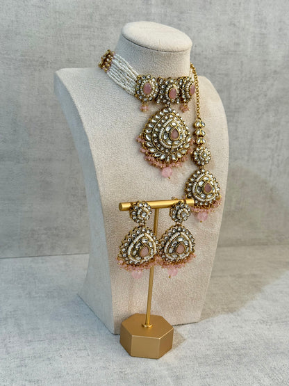 Ayura Designs Tehreem Set with Necklace, Earrings & Tikka – Mirror-Cut Stones, Blush Pink Beads & Antique Gold Finish