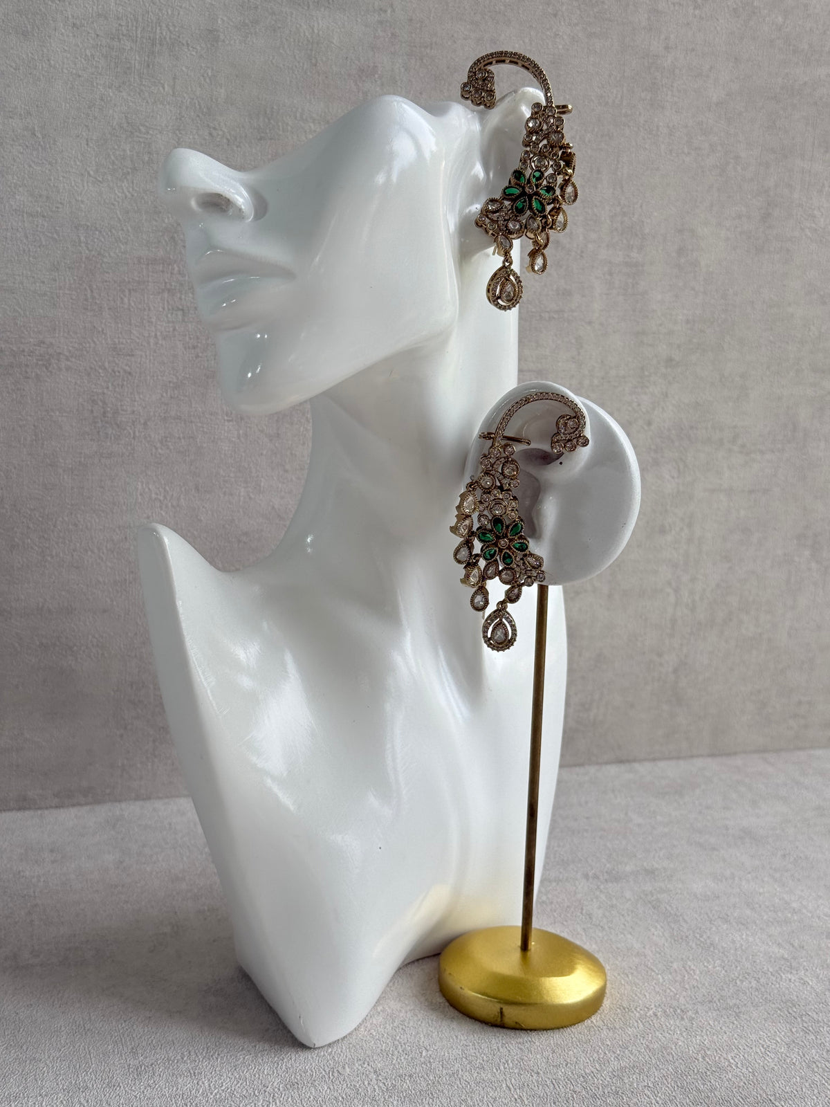 Ayura Designs Aksara Kaanphool Earrings – Emerald Green Stones, Kundan, Crystals & Antique Gold Finish