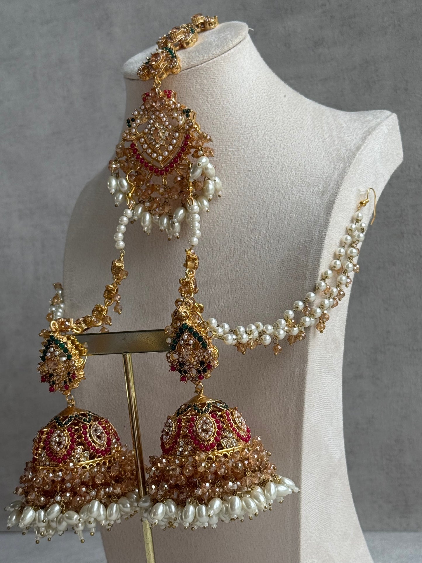 Ayura Designs Safia Tikka Set with Sahare Earrings – Champagne Crystals with Ruby & Emerald