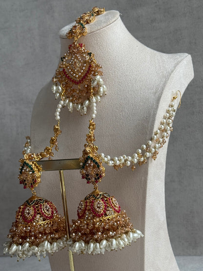 Ayura Designs Safia Tikka Set with Sahare Earrings – Champagne Crystals with Ruby & Emerald