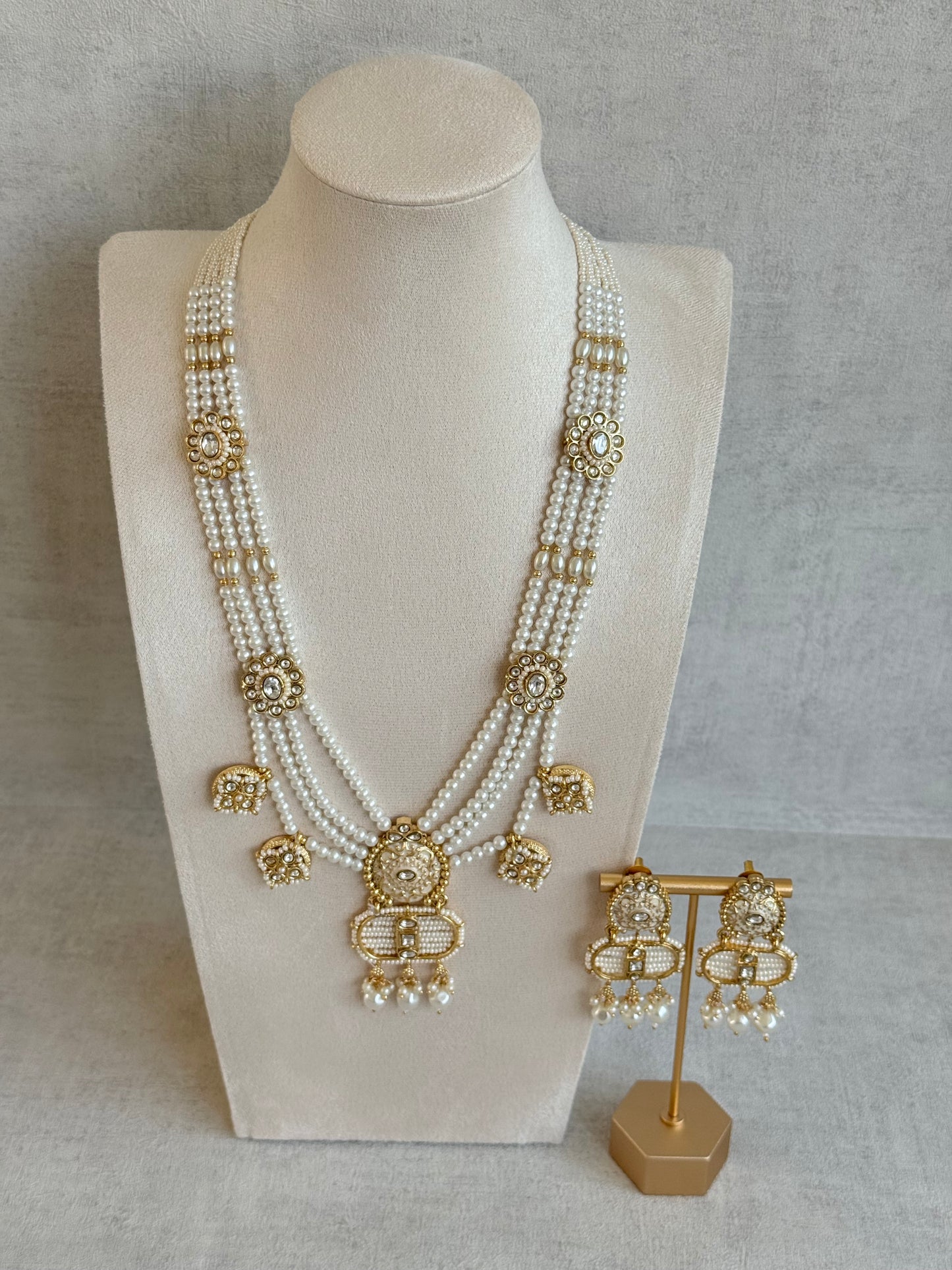 Ayura Designs Krisa Necklace Set with Earrings – Long Kundan Necklace with Pearl Strands & Gold Detailing