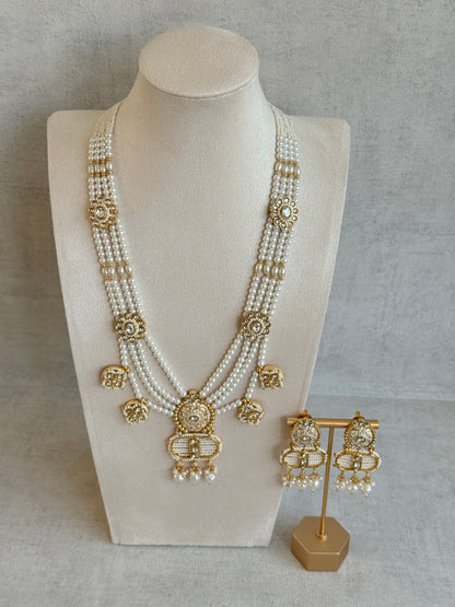 Ayura Designs Krisa Necklace Set with Earrings – Long Kundan Necklace with Pearl Strands & Gold Detailing