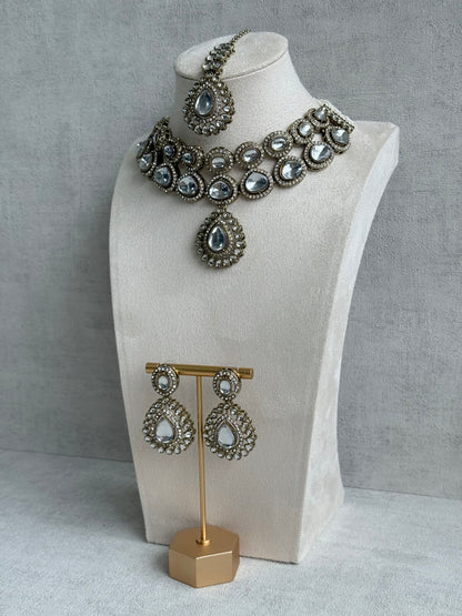 Ayura Designs Tamara Set with Necklace, Earrings & Tikka – All Mirror-Cut Stones with Kundan Detailing in Antique Gold Finish