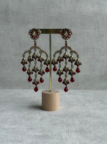 Ayura Designs Jasmine Earrings – Chandelier Earrings with Maroon Beads & Antique Gold Detailing