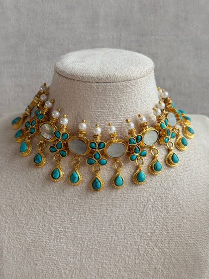 Ayura Designs Rehnuma Kundan Choker Set with Earrings & Turquoise Floral Detailing