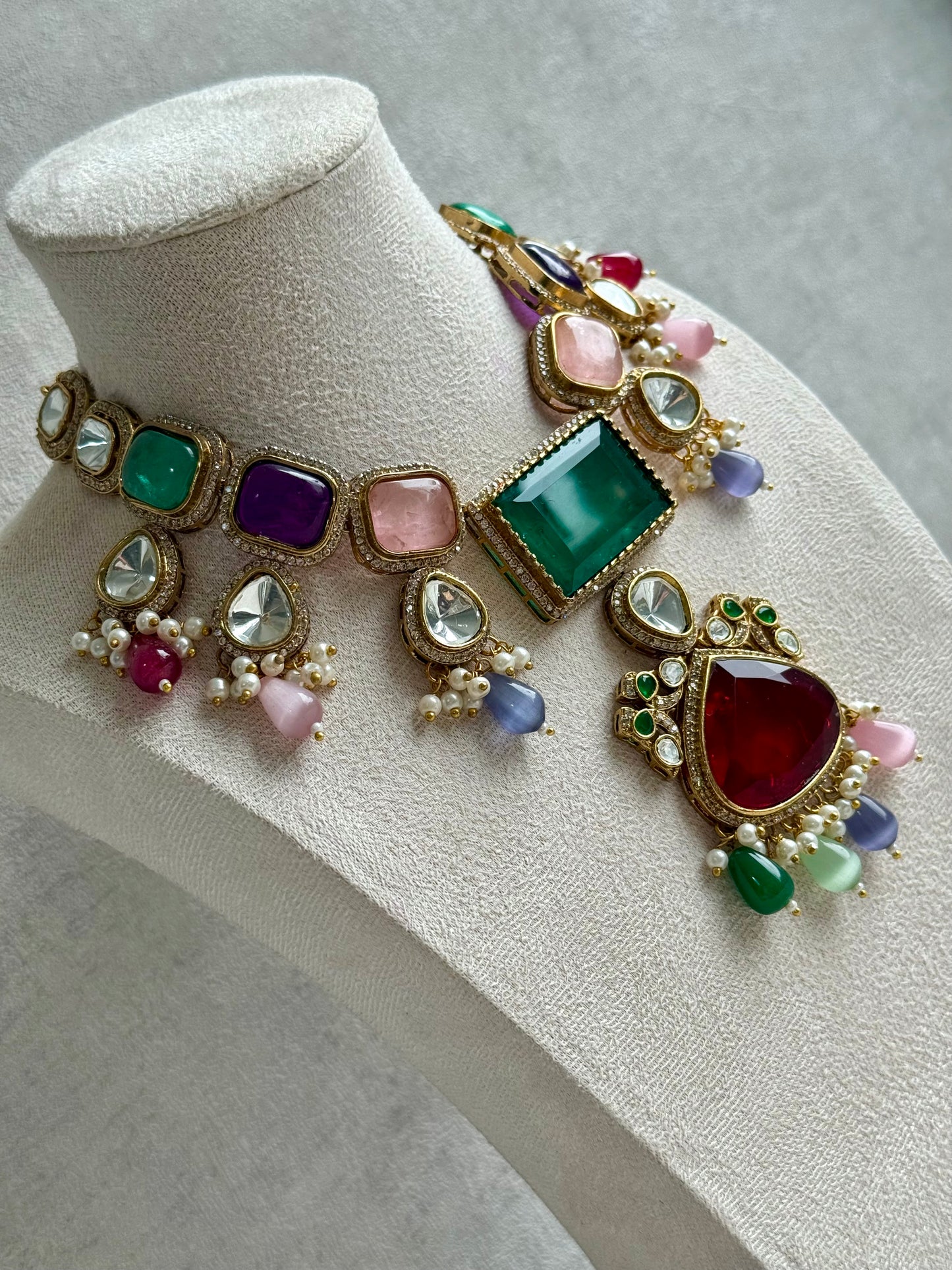 Ayura Designs Lara Set – Statement Multicolour Necklace, Earrings & Tikka with Ruby, Emerald & Pastel Beads