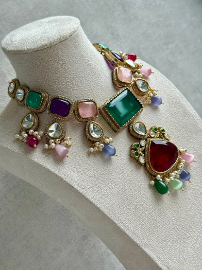 Ayura Designs Lara Set – Statement Multicolour Necklace, Earrings & Tikka with Ruby, Emerald & Pastel Beads
