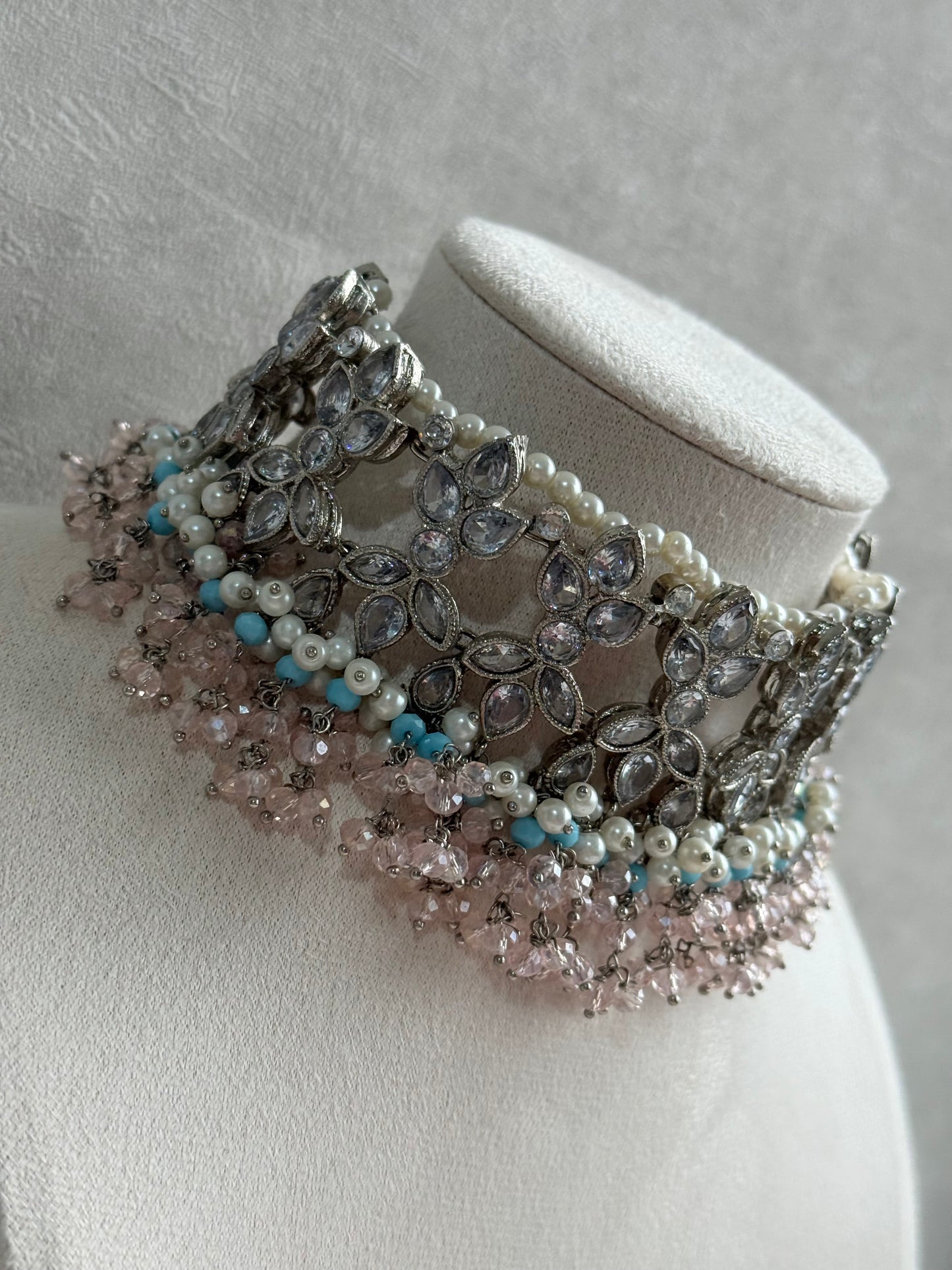 Ayura Designs Arasi Set with Choker, Passa, Tikka & Sahare Jhumkis – Antique Silver with Blush Pink Crystals, Aqua Blue Beads & Ivory Pearls