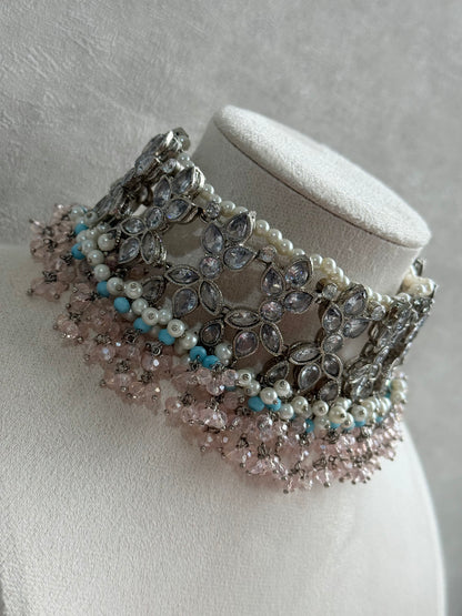 Ayura Designs Arasi Set with Choker, Passa, Tikka & Sahare Jhumkis – Antique Silver with Blush Pink Crystals, Aqua Blue Beads & Ivory Pearls