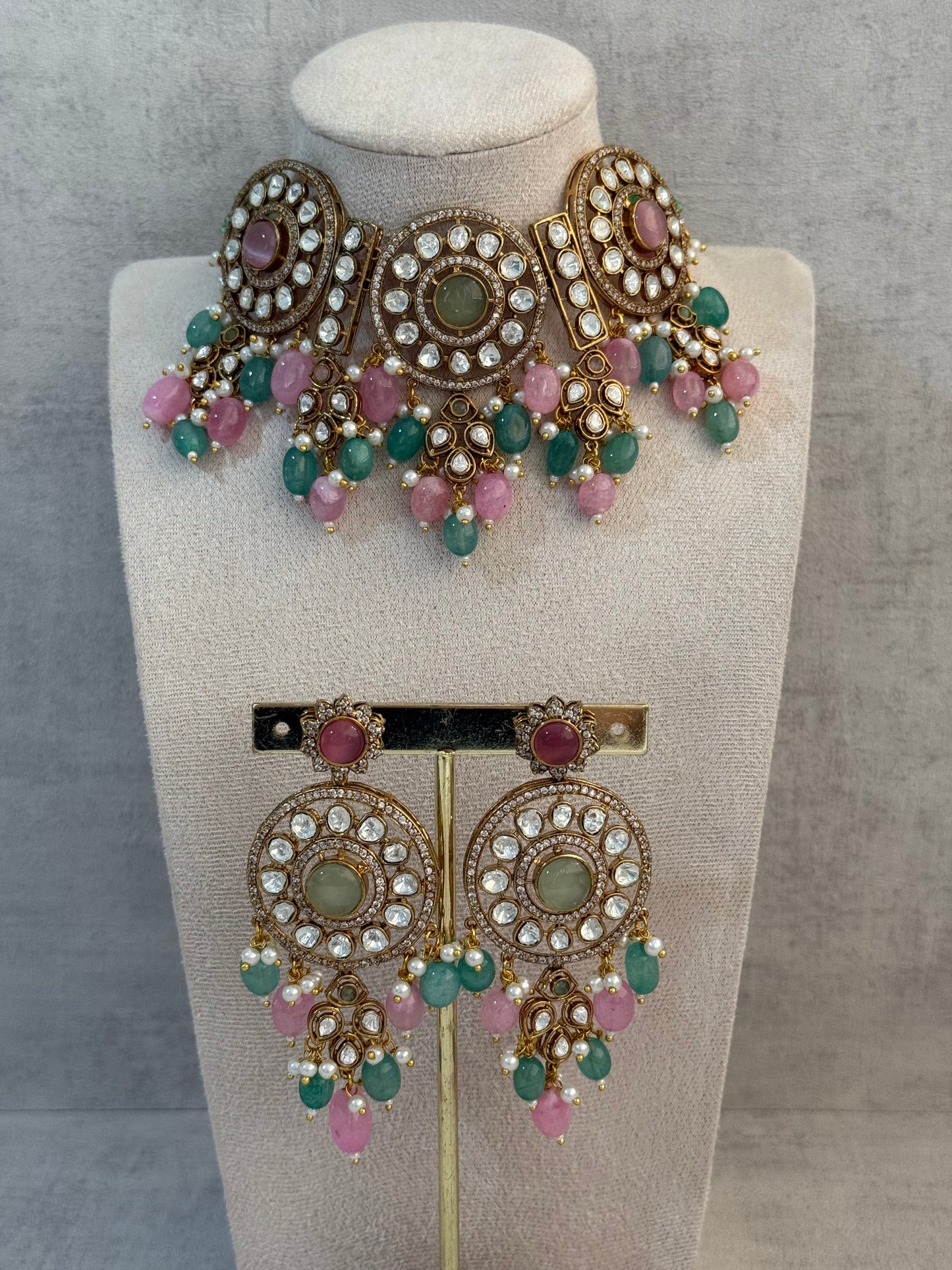 Ayura Designs Harper Set – Antique Gold Choker & Earrings with Mint Green & Blush Pink Beads, Kundan Stones & Pearl Detailing