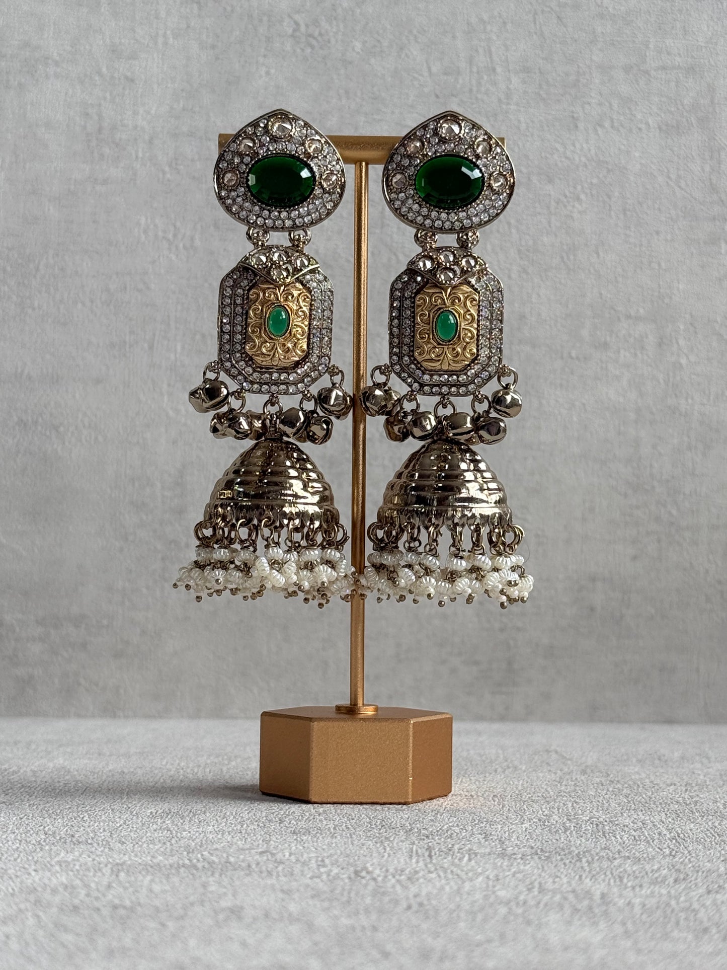 Ayura Designs Maara Jhumkis – Champagne Gold with Emerald Green Stones, Crystals, Ghungroos & Pearl Detailing