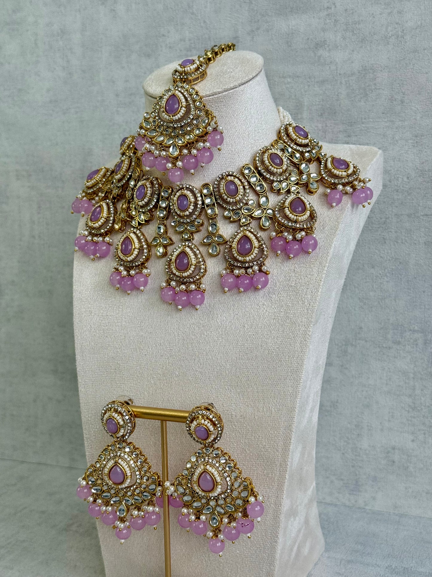 Ayura Designs Janvi Set with Necklace, Earrings & Tikka – Kundan Detailing, Lilac Beads & Ivory Pearl Drops