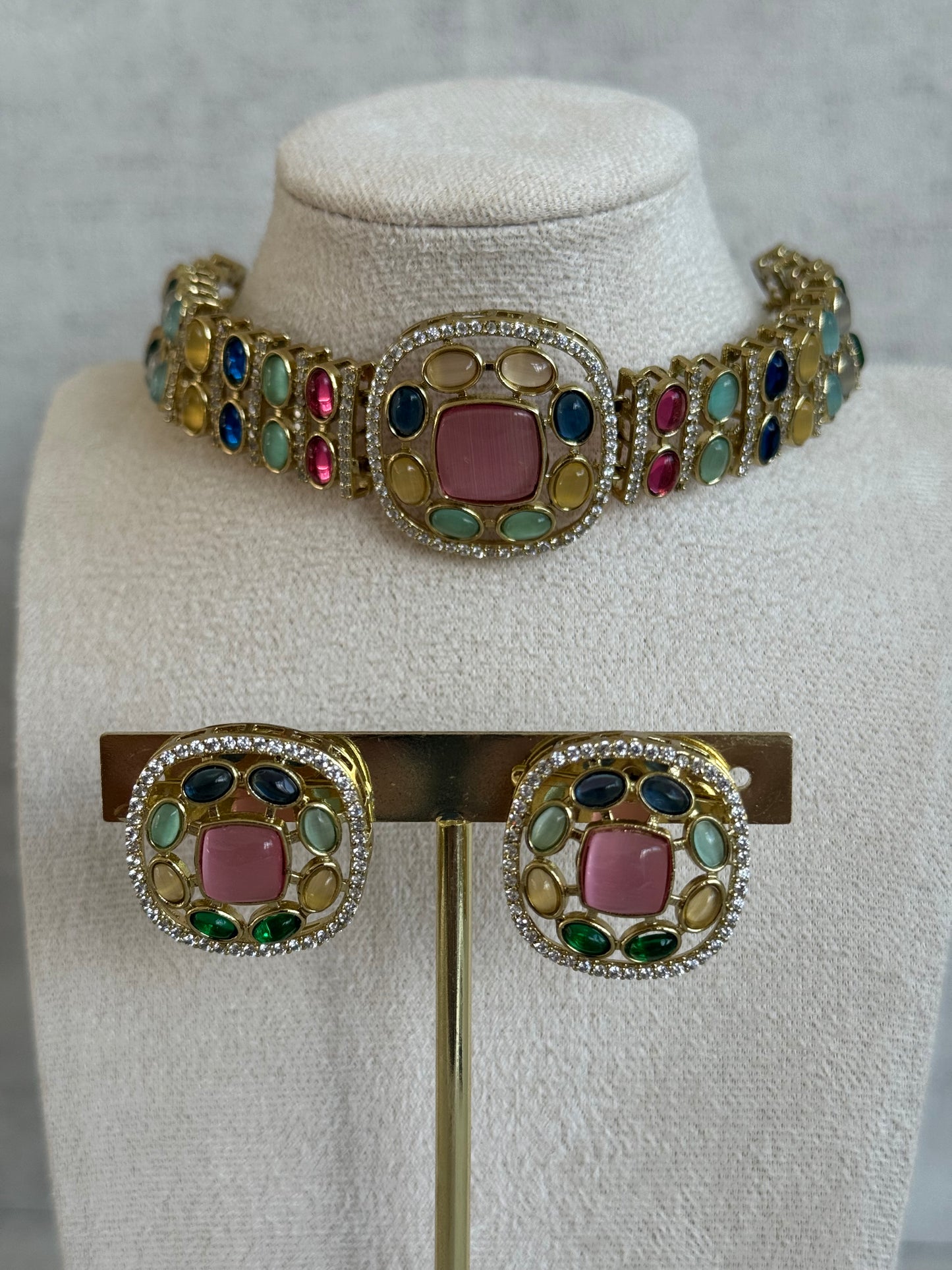 Ayura Designs Kiara Choker Set with Stud Earrings – Multicolour Stones, Moissanite Brilliance & Antique Gold Finish