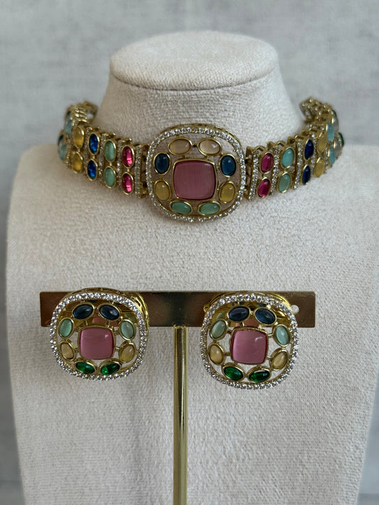 Ayura Designs Kiara Choker Set with Stud Earrings – Multicolour Stones, Moissanite Brilliance & Antique Gold Finish