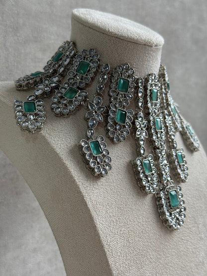 Ayura Designs Zinnia Set – Necklace, Earrings & Tikka with Mint Green Stones and Mirror-Cut Polki in Silver Finish