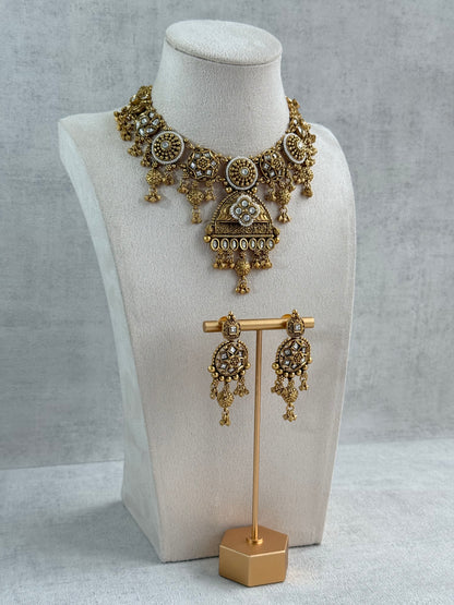 Ayura Designs Kriti Necklace Set with Earrings – Antique Gold Kundan Design with Ivory Pearls & Ghungroo Detailing