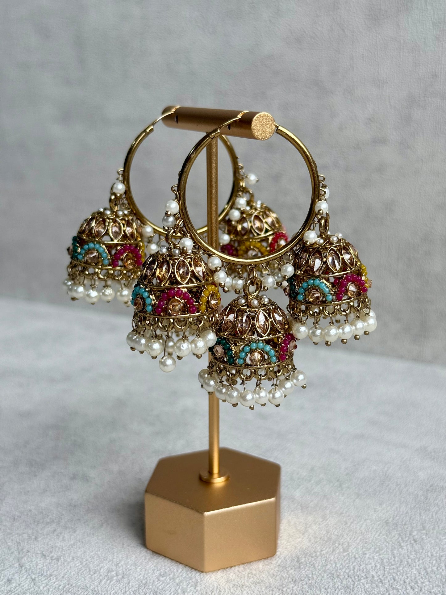 Ayura Designs Nakhra Balis – Multicolour Triple Dome Earrings with Mirror-Cut Stones & Pearl Detailing