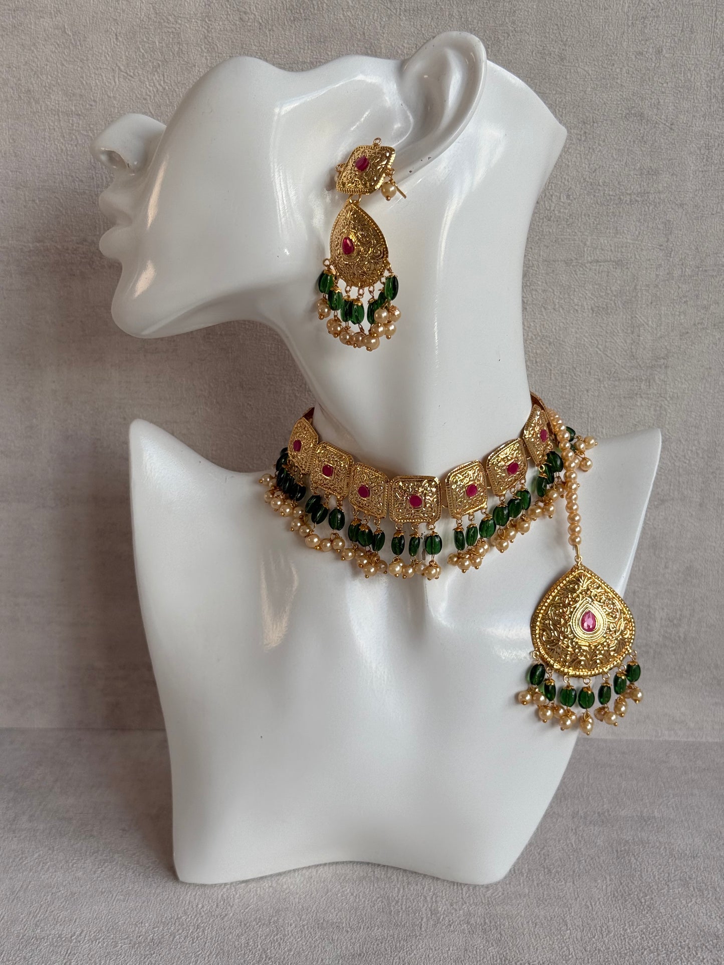 Ayura Designs Chetna Choker Set with Earrings & Tikka – Emerald Green Beads, Cream Pearl Drops with Pipal Patti Detailing