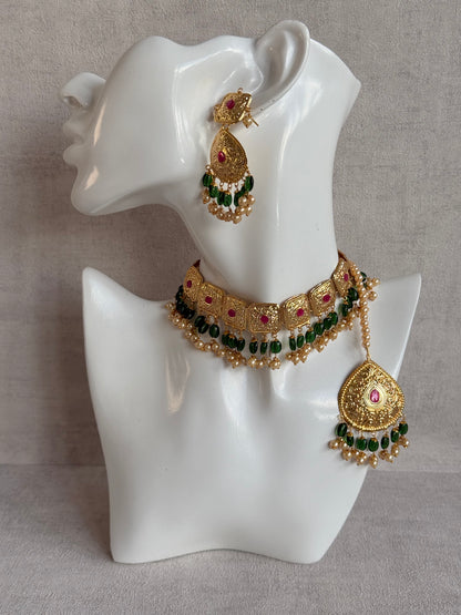Ayura Designs Chetna Choker Set with Earrings & Tikka – Emerald Green Beads, Cream Pearl Drops with Pipal Patti Detailing