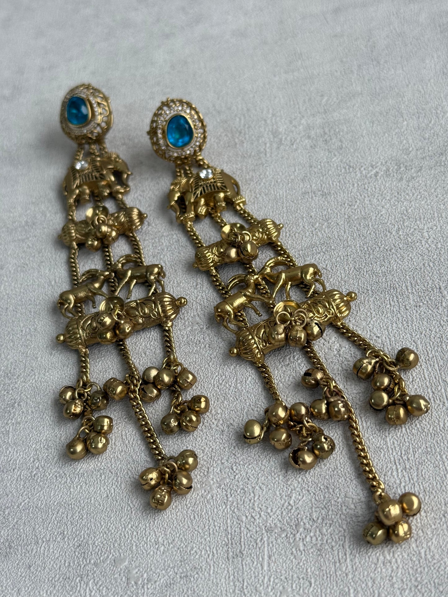 Ayura Designs Sonal Earrings – Antique Gold Dangler Earrings with Elephant & Deer Motifs, Blue Stone Tops & Ghungroo Detailing