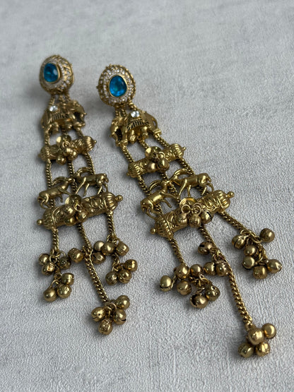 Ayura Designs Sonal Earrings – Antique Gold Dangler Earrings with Elephant & Deer Motifs, Blue Stone Tops & Ghungroo Detailing