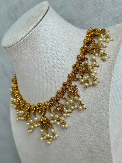 Ayura Designs Ilaa Set – Necklace & Earrings with Pink & Green Stone Accents, Pearl Drops & Antique Gold Finish