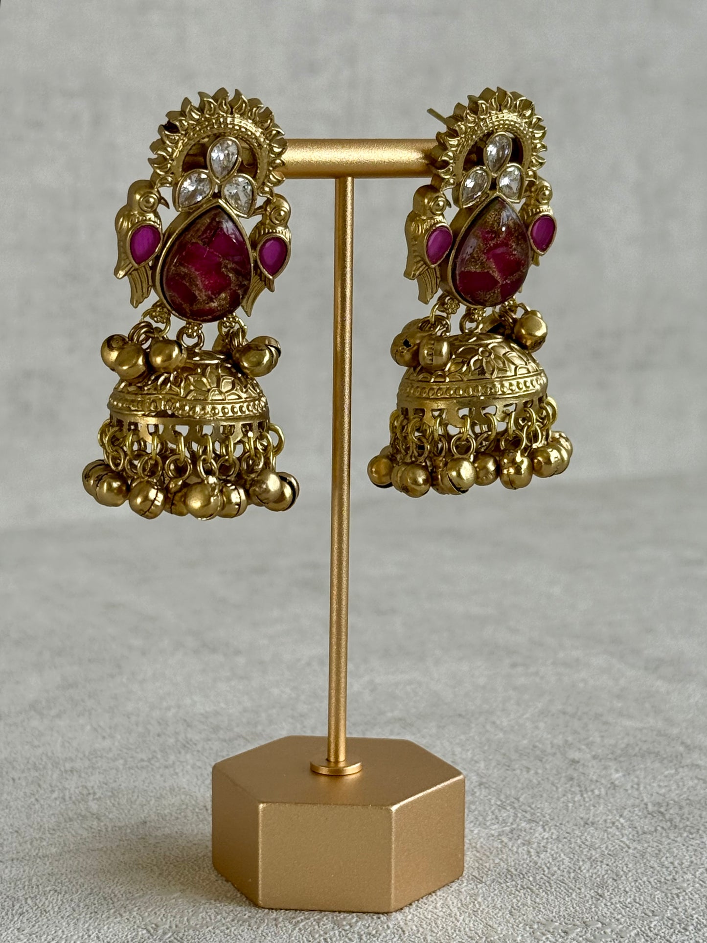 Ayura Designs Avleen Earrings – Berry Pink Marble with Antique Gold Finish & Kundan Detailing