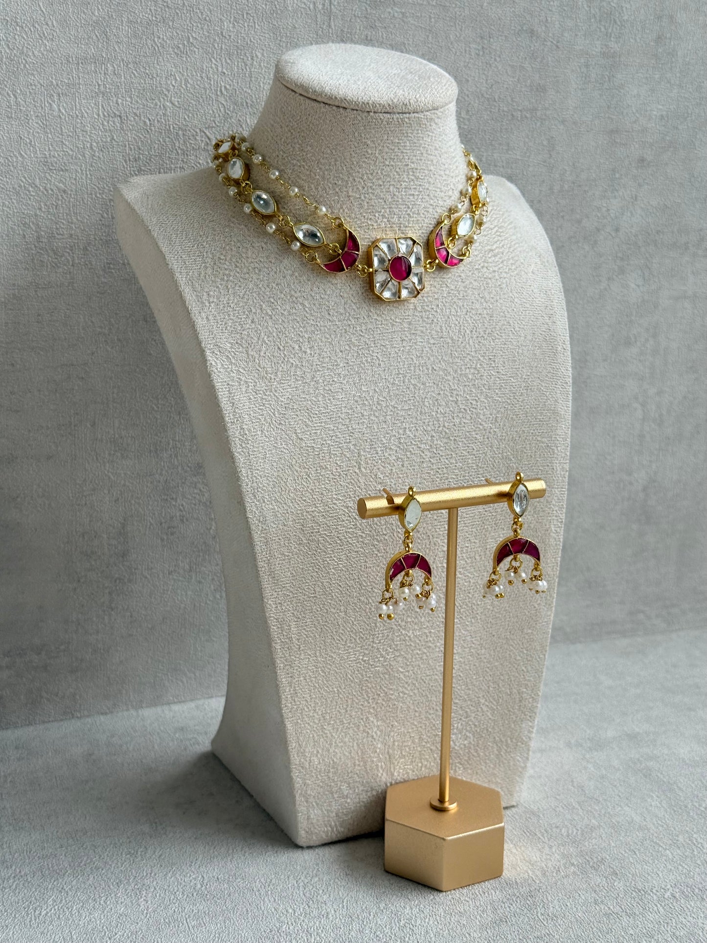 Ayura Designs Mahi Choker Set with Earrings – Meenakari Kundan Hot Pink & Ivory Detailing