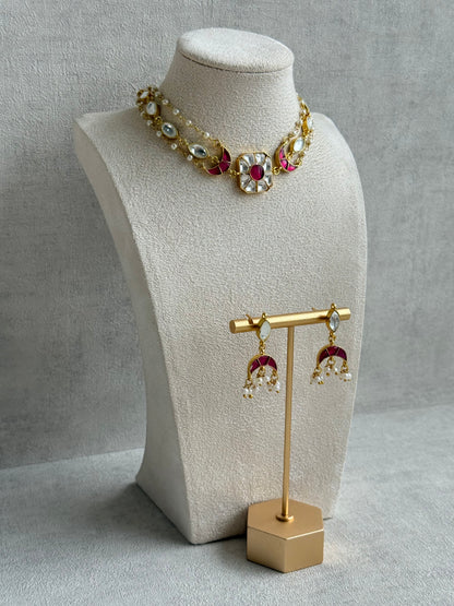 Ayura Designs Mahi Choker Set with Earrings – Meenakari Kundan Hot Pink & Ivory Detailing