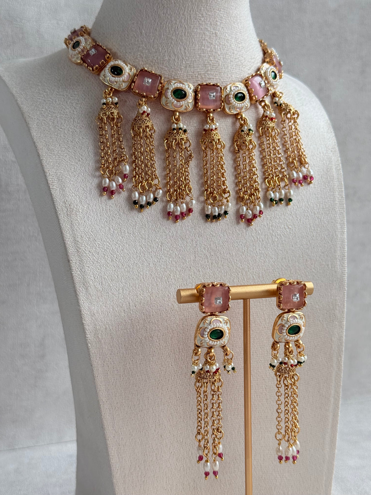 Ayura Designs Thansi Necklace Set with Earrings – Pink & Green Stones, Enamel Detailing, Chains with Pearl Drops & Gold Finish
