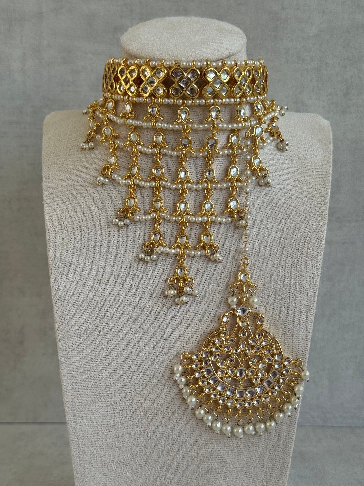 Ayura Designs Basant Set with Choker, Earrings & Tikka – Mirror-Cut Stones, Pearl Fringe & Antique Gold Finish