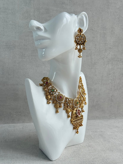 Ayura Designs Kriti Necklace Set with Earrings – Antique Gold Multicolour Kundan Design with Pearls & Ghungroo Detailing