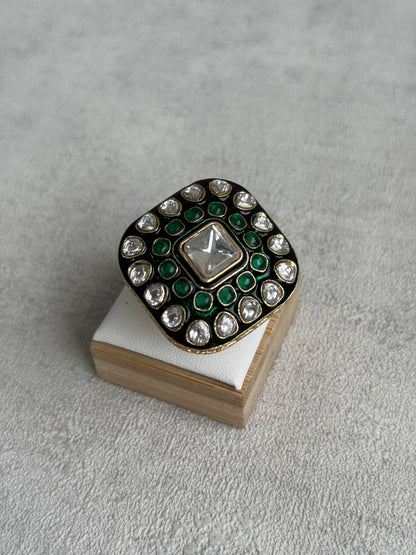 Ayura Designs Arzoo Adjustable Ring – Mirror-Cut Stone Centre with Emerald Green Stones, Green Enamel & Crystal Detailing