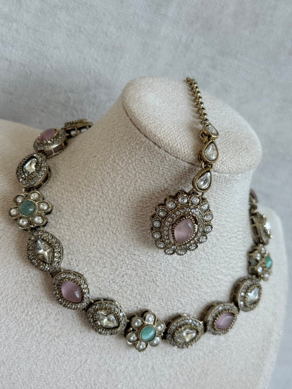 Ayura Designs Ivy Necklace Set with Studs & Tikka – Blush Pink & Mint Green Kundan Detailing