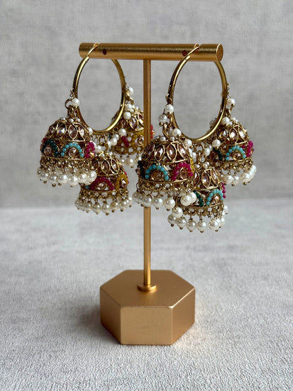 Ayura Designs Nakhra Balis – Multicolour Triple Dome Earrings with Mirror-Cut Stones & Pearl Detailing