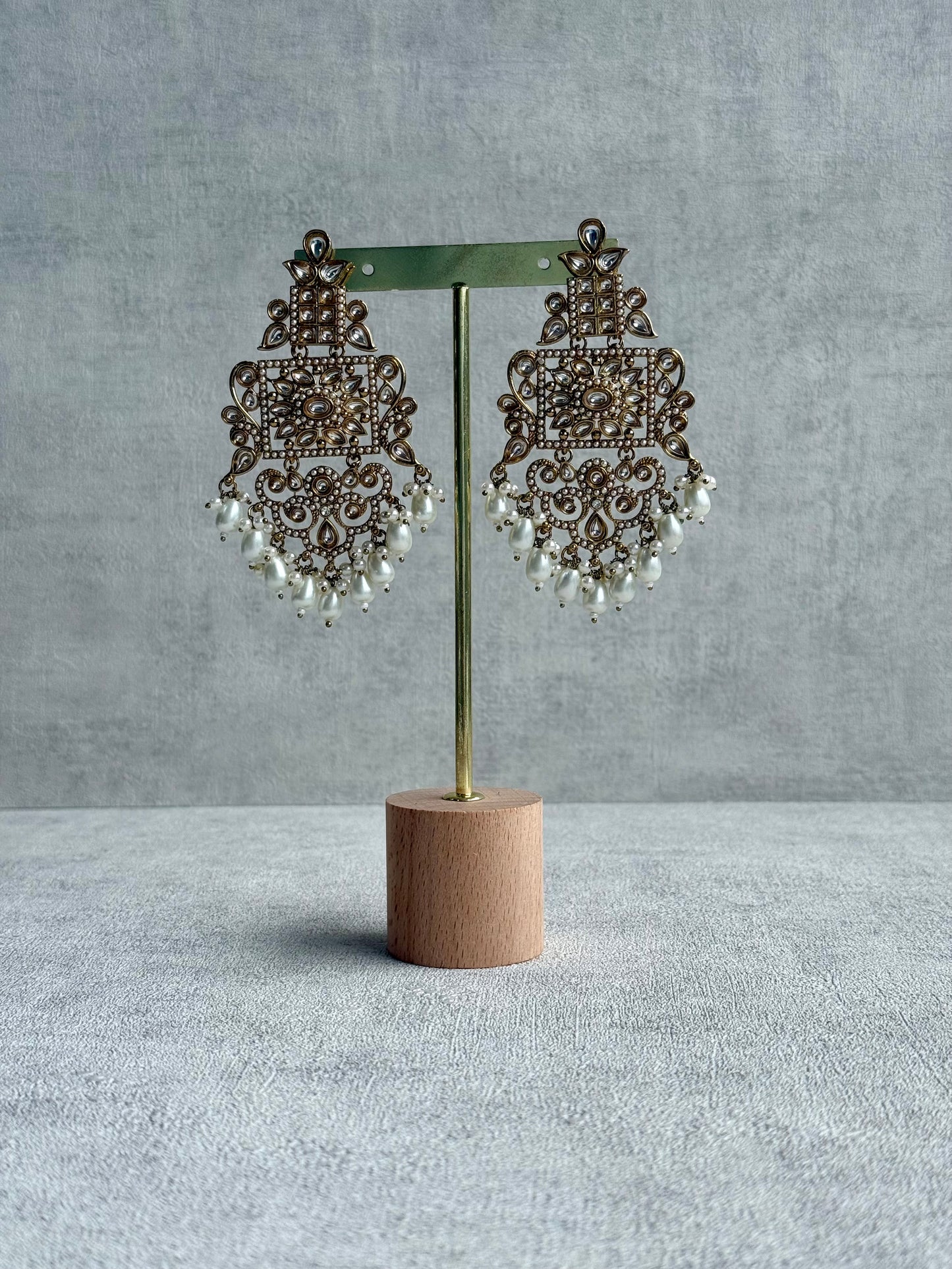 Ayura Designs Arwa Earrings – Antique Gold Finish with Mirror-Cut Stones & Ivory Pearl Drops