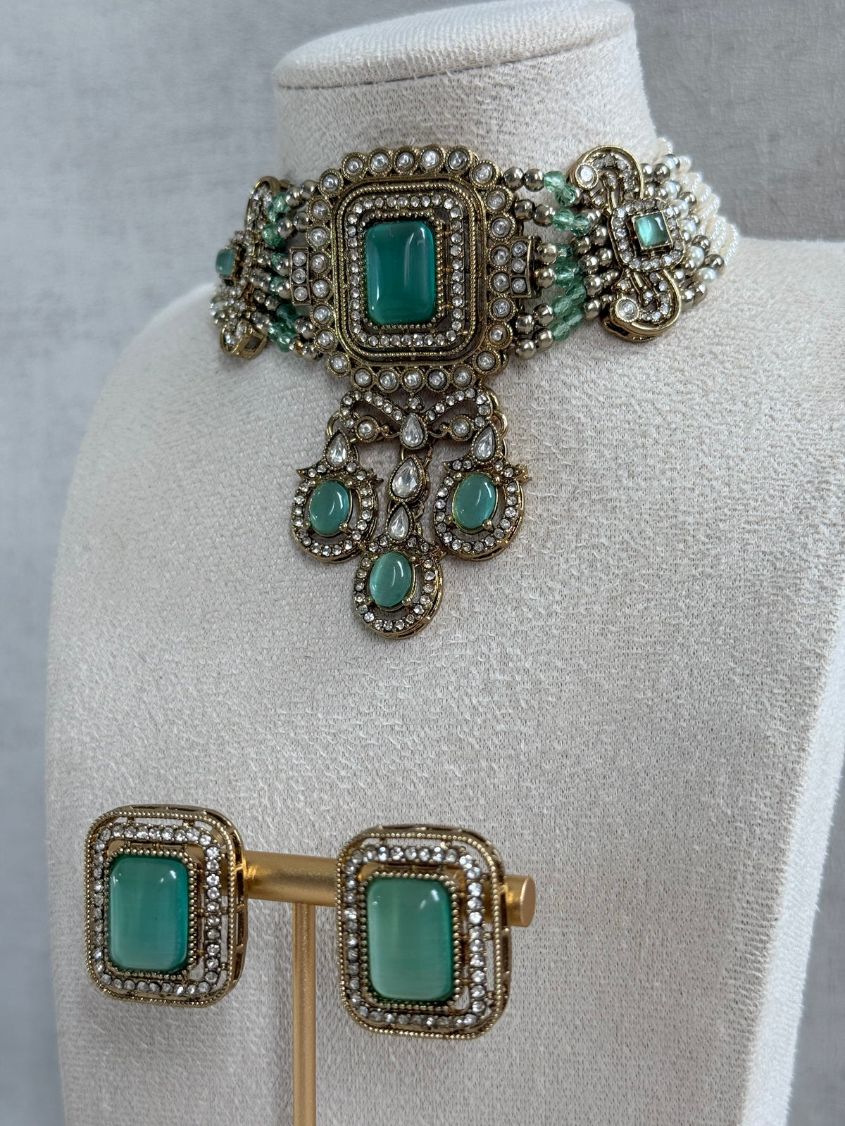 Ayura Designs Nabiha Choker Set with Studs – Aqua Green Stones, Pearl Detailing & Antique Gold Finish