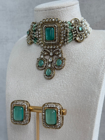 Ayura Designs Nabiha Choker Set with Studs – Aqua Green Stones, Pearl Detailing & Antique Gold Finish