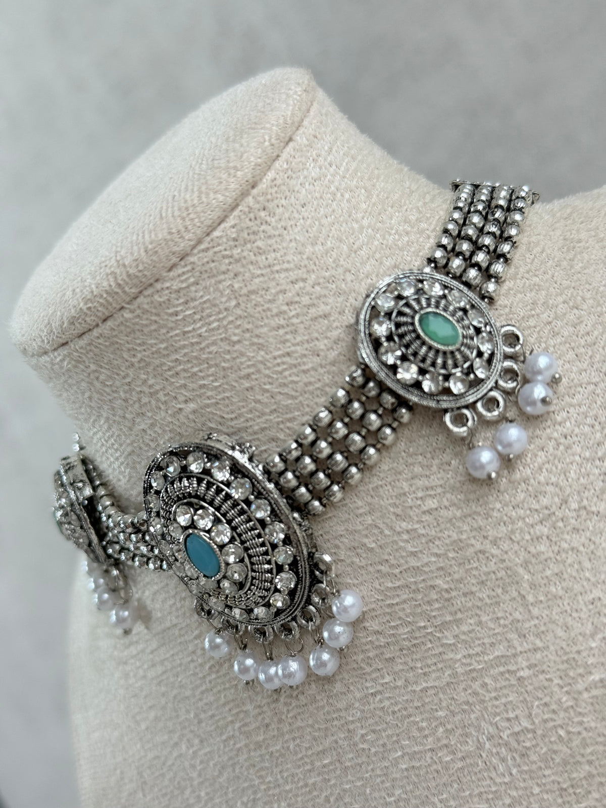 Ayura Designs Gauri Choker Necklace Set with Earrings & Tikka – Mint Green, Turquoise Blue & Crystal Stones with Oxidised Silver Finish