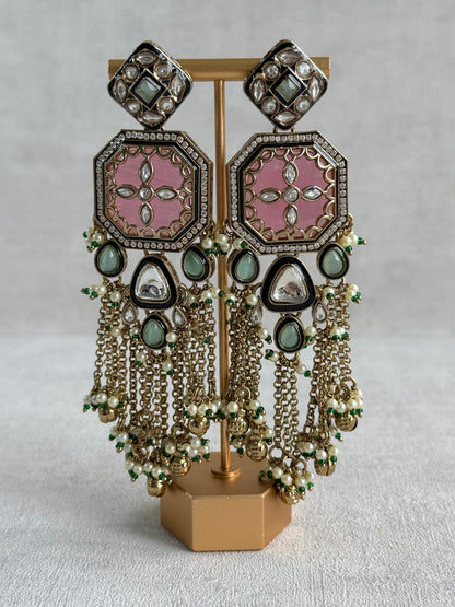 Ayura Designs Ashna Choker Set with Tikka and Earrings – Rose Pink, Mint Green & Kundan with Chains & Ghungroos in Antique Gold Finish